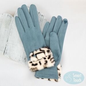 Blue Leopard Print Trim Smart Touch Fur Gloves Statement Accessories Trendy